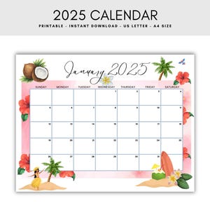 Polynesian 2025 Calendar | 2025 Calendar Printable | 2025 Calendar | A4 Size Printable | US Letter Printable | Instant Download PDF