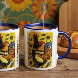 Tazza da caffè con galli in stile folk art: tazza in ceramica retrò in stile cottagecore
