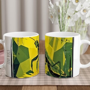 Love Bugs! Green Mantis 11oz Coffee Mug, Cute Ceramic Tea Cup for Nature Lovers, Insect Entomology Enthusiasts Gift, Cottage core, Gardening