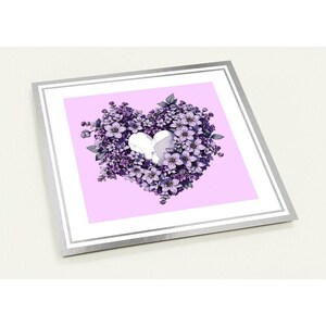 10 tarjetas y sobres, elegante ramo de flores lilas en forma de corazón, marco de papel de aluminio plateado, universal, San Valentín, cumpleaños, boda, mejórate pronto