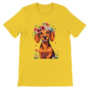 Boho Dachshund Cotton Women Tee - Cottagecore Style Wildflowers & Sausage Dog T-Shirt - Dog Lover Owner Gift, Friend Girlfriend