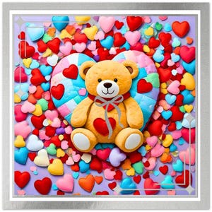 10 cartes coeurs et ours en peluche en patchwork rose bleu, cadre en feuille d'argent - Universelles : invitations d'anniversaire pour enfants