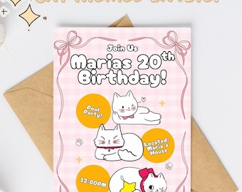 Kawaii Cat Birthday Invitation: Pink Kitty Party, Editable Canva Template (Digital Download)