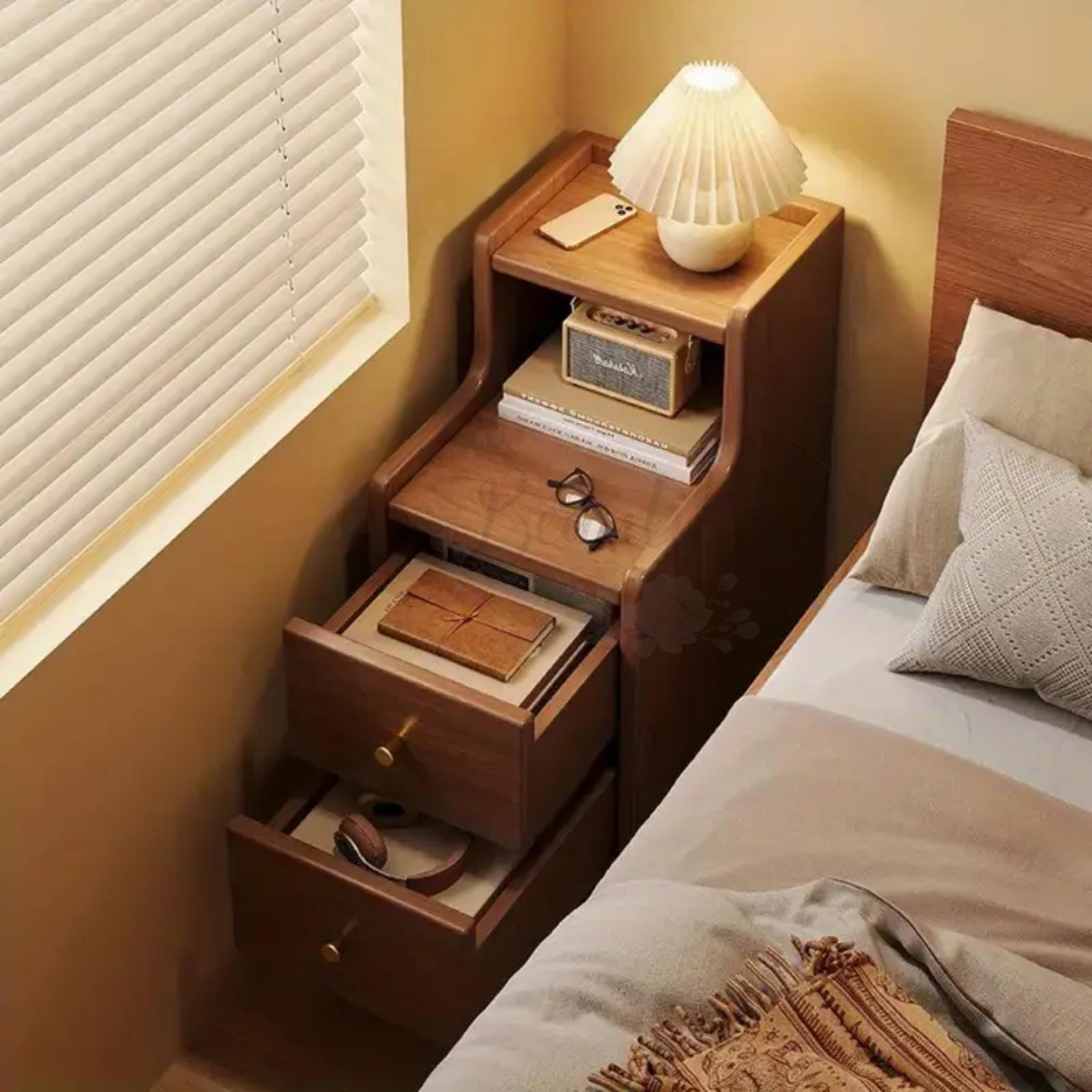 Solid Wood Nightstand Set Of 2 - Walnut, With Drawer & Open Shelf, Mid-Century Modern Bedside Tables