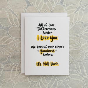 Our Differences Aside card, outreach card, forgiveness card, love card, reunion card, make up card, olive branch, apology card