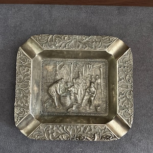 1920s-1950s Antique Brass Decor |Vintage Brass Ashtray with Detailed Scene and Floral Embossing |  Mid-Century Decorative Ashtray