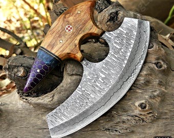 Ullu-Messer aus Damaszener Stahl, handgeschmiedeter Wikinger-Pizzaschneider, Wikinger-Pizzaschneider als Geschenk zum Vatertag, schwingendes Ullu-Messer aus Damaszener Stahl.