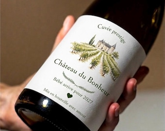 Etiquette vin/champagne annonce grossesse - Mois de naissance - vignoble aquarelle