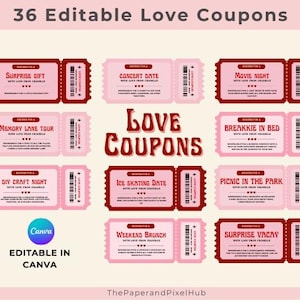 Modello di coupon modificabile per l'amore 36 buoni romantici Modello A4 stampabile Canva Regalo personalizzabile per lui e per lei San Valentino Anniversario Appuntamento serale
