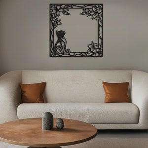 Arte murale moderna Silhouette di gatto nella natura, arte murale in metallo con paesaggio di montagna e foresta, arredamento rustico ispirato alla natura