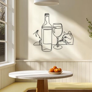 Modern Metal Wine and Cat Wall Art, Wine Bottle and Glass Wall Decor, Wine Themed Home Decor, Wine Lover Gift, Kitchen Wine Decor