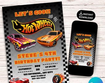 Hot Cars Invitation, Race Car Birthday Party Digital Invitation, Boys Birthday Card, Fast Cars Super Cars, Fast Wheels Personalized Template