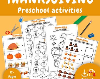 Printable Thanksgiving Preschool Practice Worksheets Bundle Printable Worksheet Homeschool Kids Tracing Activity Handwriting Practice eBook