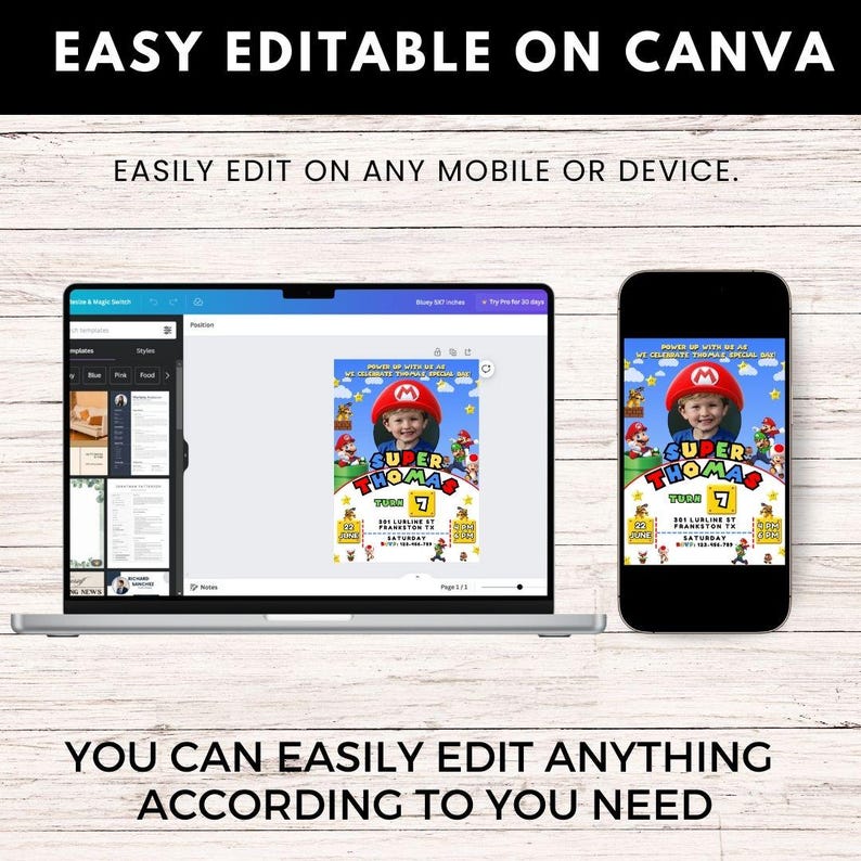 May include: A digital mockup of a Super Mario themed birthday invitation on a computer screen and a mobile phone. The invitation features a photo of a child dressed as Super Mario, with the text "Super Thomas" and "Turns 7".