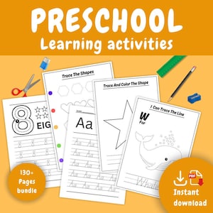 Op de afbeelding: Een set afdrukbare voorschoolse leeractiviteiten voor kinderen. De werkbladen omvatten het traceren van vormen, het traceren van letters, het traceren van lijnen en het kleuren. De tekst op de pagina zegt "Voorschoolse leeractiviteiten", "Vormen traceren", "Vorm traceren en kleuren", "Ik kan de lijn traceren", "130+ pagina's bundel", "EIG", "Aa", "W voor", "Walvis", en "Direct downloaden".