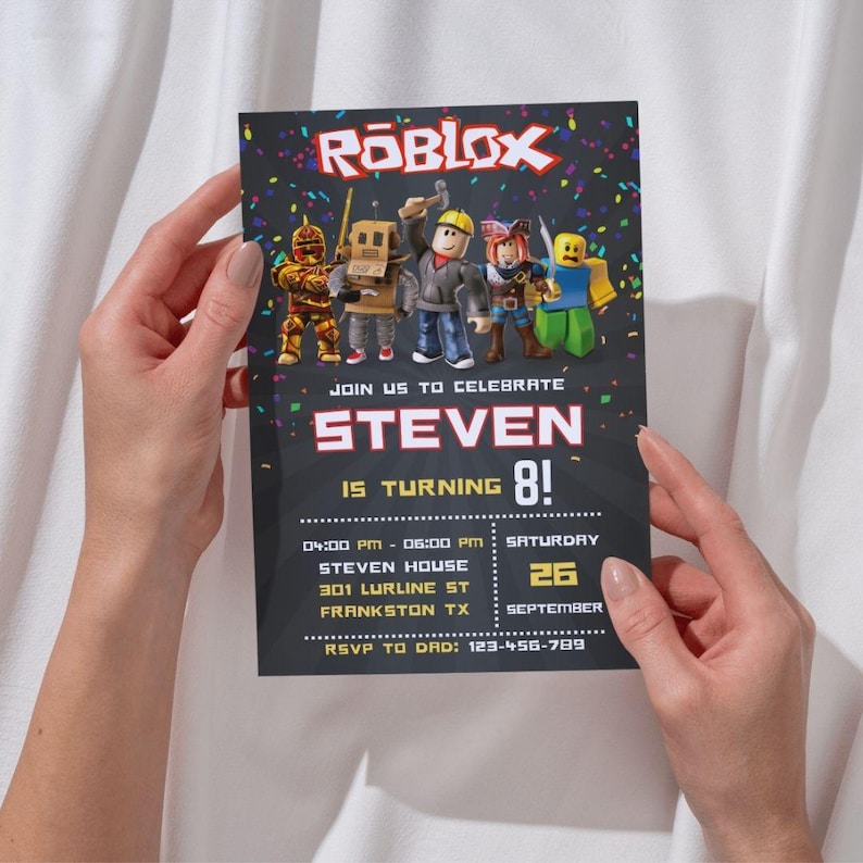May include: A black and gold birthday invitation with a Roblox theme. The invitation features a group of Roblox characters and the text "Join us to celebrate Steven is turning 8!" with the date and time of the party.