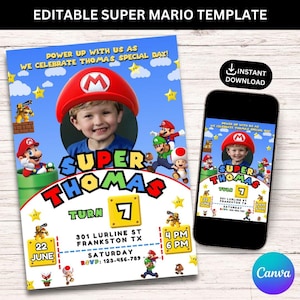 Mario-Geburtstagseinladung, bearbeitbare Mario Bros-Geburtstagsjunge einladen, Super Mario-Einladungsvorlage, digitale Einladung Kindergeburtstagseinladung 5x7