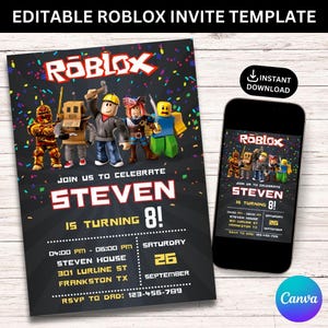 Roblox Birthday Invitation, Roblox Invitation, Roblox Invite, Game Party, Roblox Boys Birthday, Game Birthday, Kids Roblox Editable Template