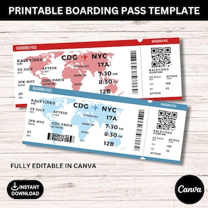 Printable Boarding Pass Airline Ticket Gift | Airline Ticket | Surprise Gift Vacation Editable Boarding Pass Gift For Him/Her, Vacation Gift