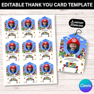 Etichetta di ringraziamento modificabile di Mario Bros, etichette di ringraziamento digitali di Super Mario Brothers, biglietto regalo di compleanno di Super Mario, bomboniera stampabile