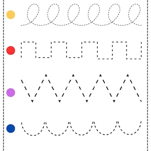 May include: A white worksheet with the text "Trace The Line" at the top. The worksheet features five different dashed lines: a series of loops, a series of squares, a zigzag, a series of arches, and a wavy line. Each line starts with a colored dot.