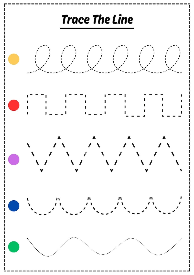 May include: A white worksheet with the text "Trace The Line" at the top. The worksheet features five different dashed lines: a series of loops, a series of squares, a zigzag, a series of arches, and a wavy line. Each line starts with a colored dot.