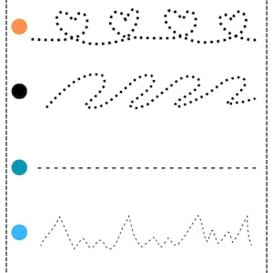 May include: A white worksheet with the text "Trace The Line" at the top. The worksheet features dotted lines in various patterns, including hearts, waves, a straight line, zigzags, and a square wave. Colored circles are on the left.