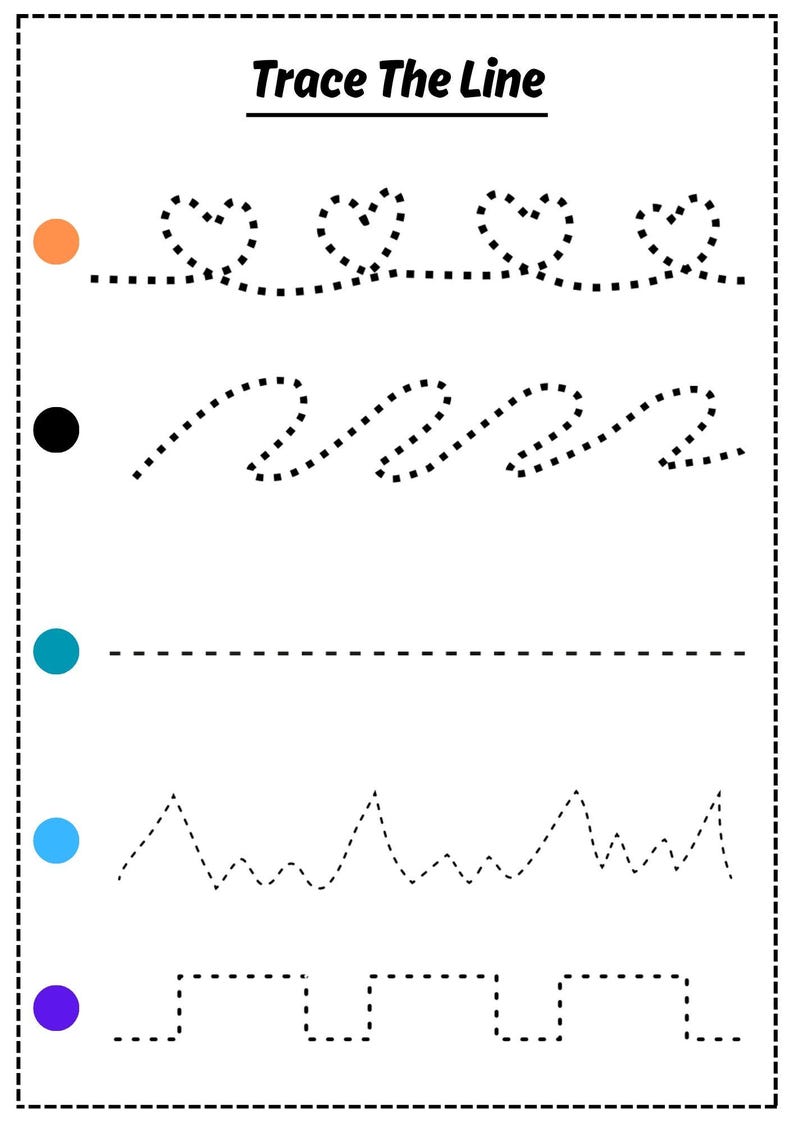 May include: A white worksheet with the text "Trace The Line" at the top. The worksheet features dotted lines in various patterns, including hearts, waves, a straight line, zigzags, and a square wave. Colored circles are on the left.