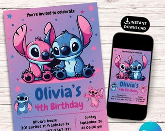 Sti tch Editable Birthday Invitations Template, Kids Printable Birthday Invitation, Digital Kids Party Invite Boys & Girls Bday Card Evite