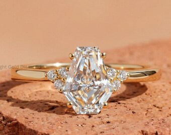 1.50 CT Coffin Cut Lab Grown Diamond Cluster Ring, Coffin Diamond Engagement Ring For Gift, 14K Gold Ring For Wedding Gift, Gift For Her