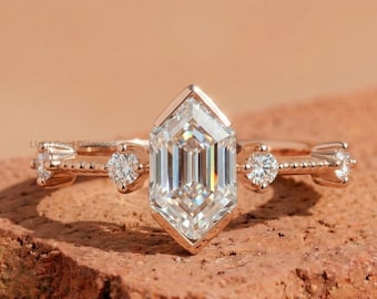 1 CT Hexagon Cut Lab Grown Diamond Engagement Ring, Lab Diamond Milgrain Ring For Bridal Gift, 14K Solid Gold Promise Ring, Gift For Her