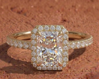 Lab Grown Radiant Diamond Halo Engagement Ring, 14K Gold Accent Ring For Wedding Gift, Minimalist Lab Diamond Ring, Anniversary Gift For Her