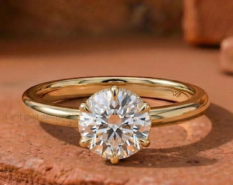 Round Cut Lab Grown Diamond Hidden Halo Engagement Ring, 14K Gold Solitaire Ring For Wedding Gift, Round Diamond Ring For Anniversary Gift