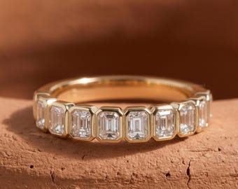 Anello con diamanti taglio smeraldo coltivati in laboratorio, anello nuziale con diamanti taglio smeraldo per lei, anello mezza eternità in oro 14 carati, anello con diamanti da laboratorio per sposa