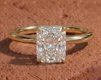 Radiant Cut Lab Grown Diamond Solitaire Engagement Ring, 14K Gold Hidden Halo Ring, Minimalist Lab Diamond Ring, Anniversary Gift For Her