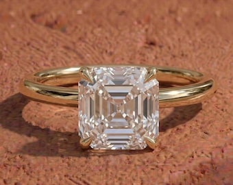 Lab Grown Asscher Diamond Hidden Halo Engagement Ring, 14K Solid Gold Diamond Solitaire Ring, Lab Diamond Ring, Anniversary Gift For Her