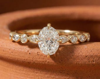Oval Labor Diamant Versteckter Halo Ring, 14K Gold Marquise Akzent Verlobungsring Für Sie, Braut Ehering, Oval Ring Geschenk im Vintage Stil