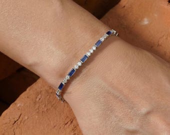 Blue Sapphire Tennis Bracelet For Her, Gemstone & Round Cut Lab Diamond Tennis Bracelet, 14K Solid Gold Bezel Set Bracelet For Wedding Gift