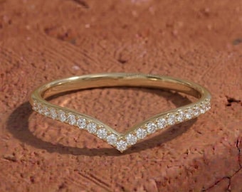 Lab Grown Round Diamond Chevron Ring, 14K Gold Wedding Ring, Lab Diamond Matching Band For Engagement Ring, Minimalist Stacking Ring For Her