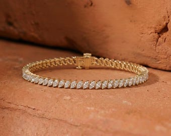 Pulseira de tênis com diamantes sintéticos em corte marquise, pulseira de tênis com diamantes em corte marquise para presente de noiva, pulseira feminina em ouro 14K para presente de casamento