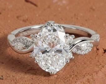 Nature Inspired Oval Lab Grown Diamond Engagement Ring, 14K Gold Twisted Vine Ring, Floral Leaf Oval Diamond Ring, Anniversary Gift for Her