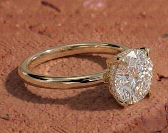 Round Cut Lab Grown Diamond Hidden Halo Solitaire Ring, 14K Gold Engagement Ring For Gift, Round Diamond Wedding Ring For Anniversary Gift