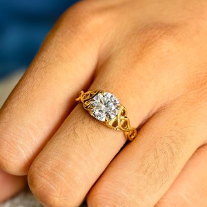 3Ct Round Cut Moissanite Engagement Ring, 14K Yellow Gold Celtic Knot Ring, Round Cut Solitaire Ring, Wedding Anniversary Ring for Her