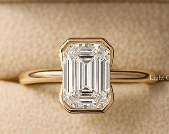 Anillo de diamantes cultivados en laboratorio con talla esmeralda, anillo de compromiso Earald con engaste de medio bisel, anillo de oro amarillo de 14 quilates, anillo solitario de diamantes con certificación IGI. Regalo ideal.