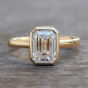 Emerald Cut Lab Grown Diamond Ring, Bezel Set Lab Diamond Solitaire Ring, 14K Yellow Gold Ring, IGI Certified Diamond Engagement Ring