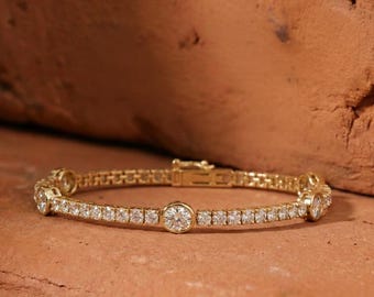 Pulseira de tênis com diamantes redondos cultivados em laboratório e cravação em bisel, pulseira de tênis com diamantes redondos em cascata, pulseira empilhável em ouro 14K para presente de casamento