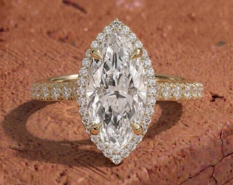 Marquise Cut Lab Grown Diamond Halo Engagement Ring, 14K Gold Accent Ring For Wedding Gift, Marquise Diamond Ring, Anniversary Gift Her