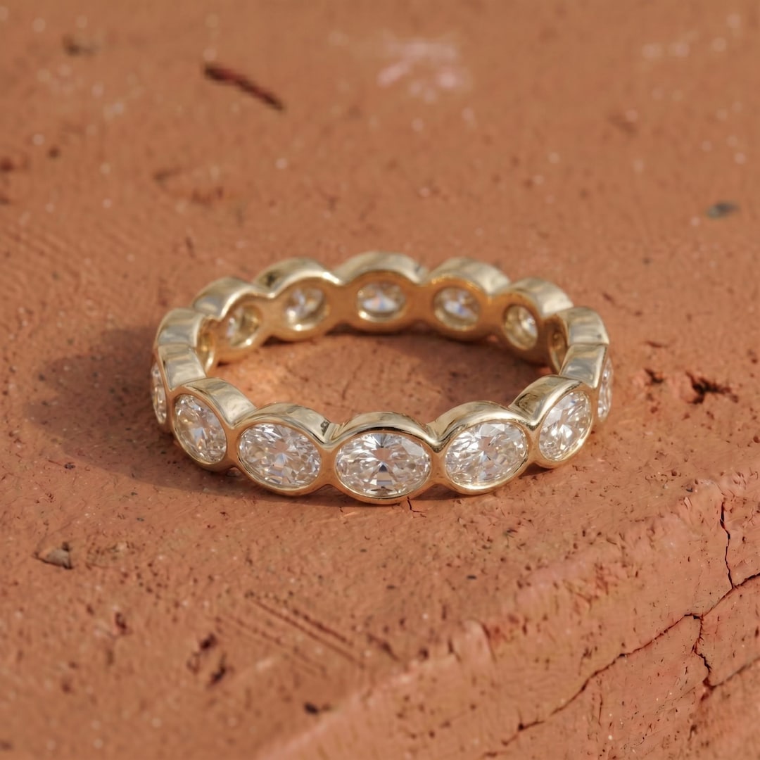 East West Oval Cut Lab Grown Diamond Eternity Band, 14K Gold Bezel Set ...
