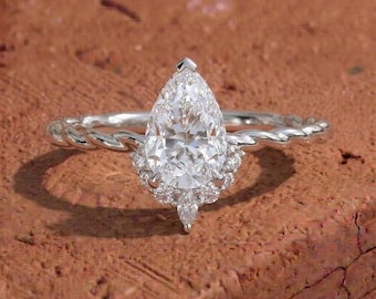 Pear Lab Grown Diamond Dainty Ring, 14K Gold Rope Band Engagement Ring For Gift, Pear Diamond Ring For Bridal Gift, Wedding Ring For Her