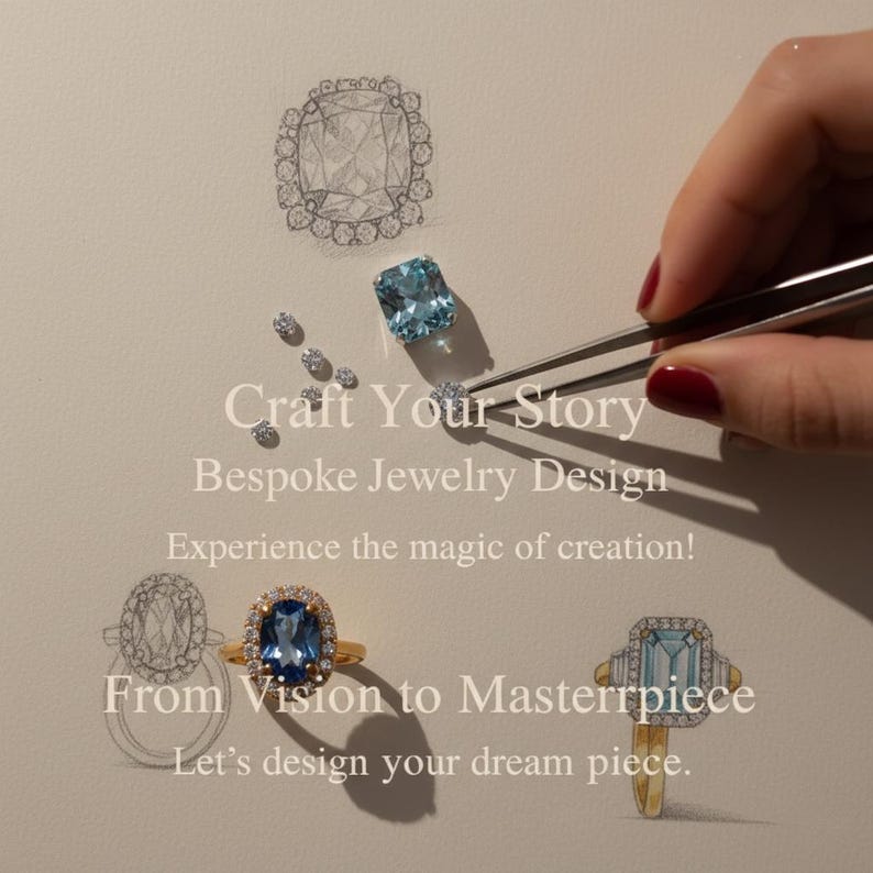 Pode incluir: Imagem de design de joias sob medida. A imagem apresenta esbo&ccedil;os de an&eacute;is e pedras preciosas, incluindo uma gema azul sendo segurada por pin&ccedil;as. O texto inclui "Craft Your Story" e "From Vision to Masterpiece".